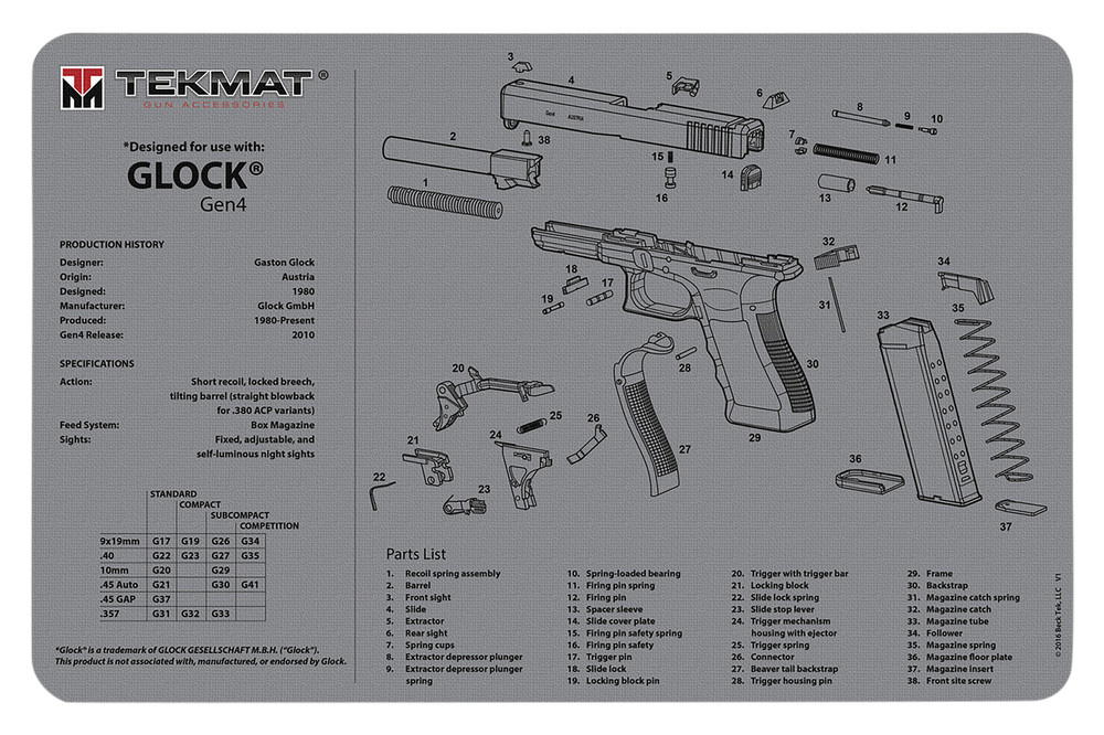 TekMat TEKR17GLOCKG4GY Gck Gen 4 Cleaning Mat Gray Rubber 11″x17″ Gck Gen 4 Part