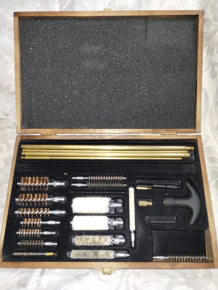 Universal Gun Cleaning Kit in Wooden Case – Mostly Complete, Used Condition