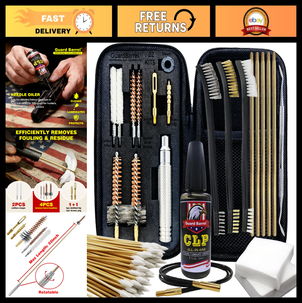 Universal Gun Cleaning Kit for .22 .223 .22LR 5.56 – Oil, Snake, Brushes & Case