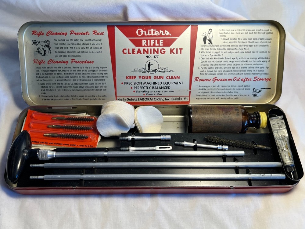 Outers No 477 Rifle Cleaning Kit Vintage Red Tin Complete w/ Rods Brush Solvent