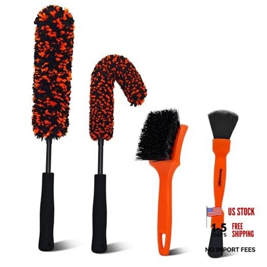 4PCS Car Wheel Cleaning Kit, 2-Size Bendable Microfiber 4 Pack Orange&black