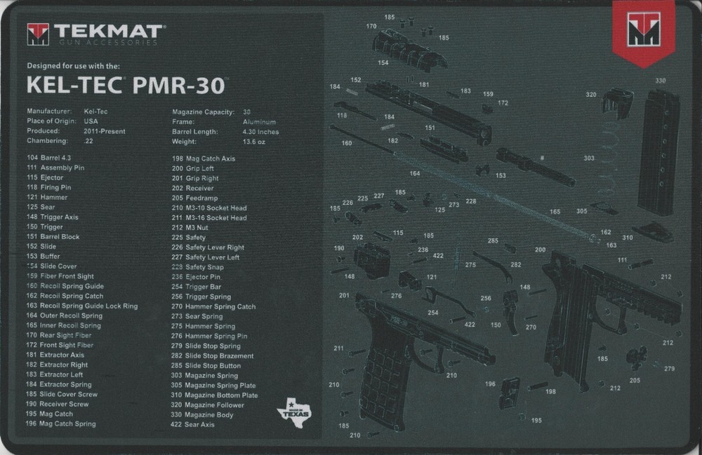 Illustrated Gun Cleaning Mat for Kel-Tec® PMR-30, 11 x 17 Neoprene FREE SHIPPING