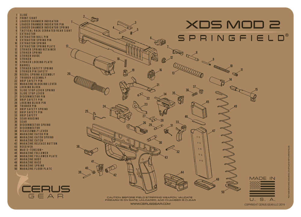 For Springfield XDS MOD 2 Armorers Cleaning Mat Cerus Gear Made in USA FDE