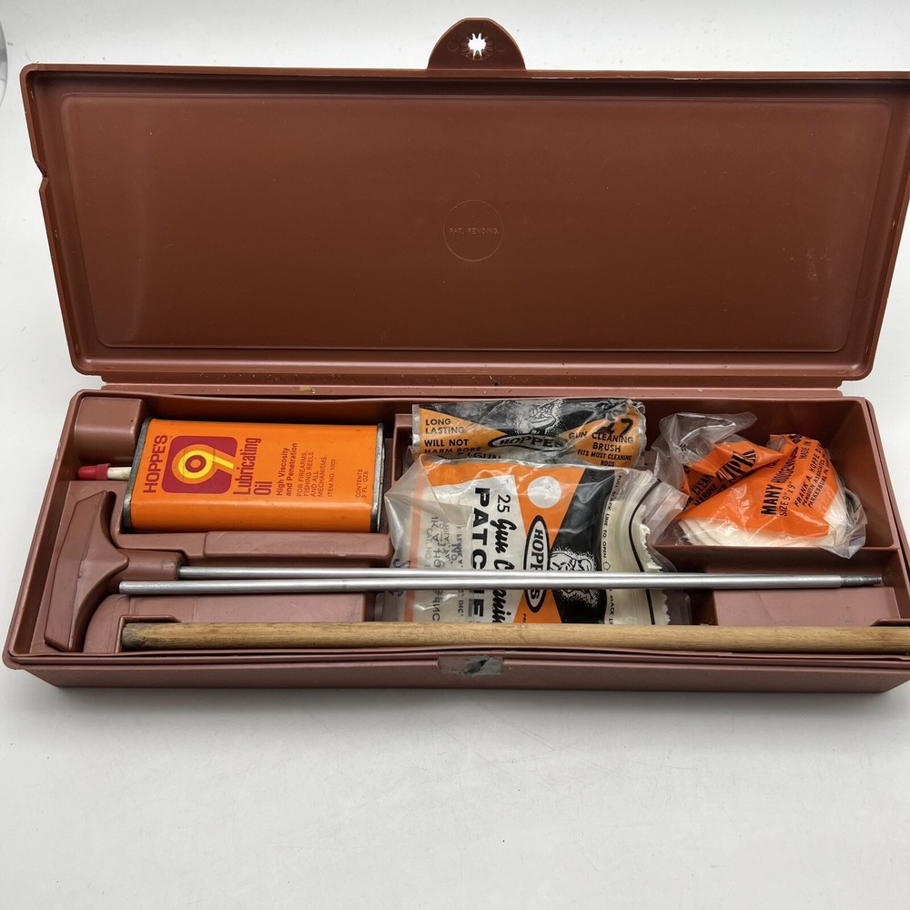 Hoppes 9 Old Vintage Gun Cleaning Kit & Storage Box Nice Orange Hard Case c1980s