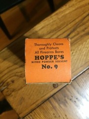 VINTAGE HOPPE’S NITRO POWDER SOLVENT #9 GLASS BOTTLE & ORIGINAL BOX HALF FULL