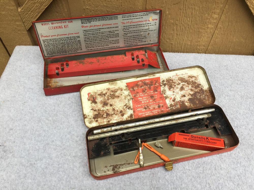Montgomery Wards Western Field Gun Cleaning Kit Box & Sears JC Higgins Parts Vtg