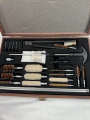 Gun Cleaning Kit with Wood Case, Cleaning Rods, Bore Brush & Mop, Brown/Black