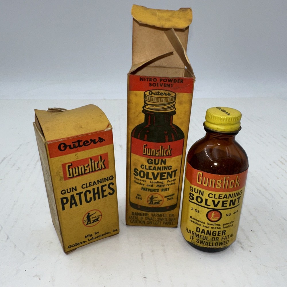Vintage Outers Gunslick Solvent Bottle And Gun Cleaning Patches Boxes T4B